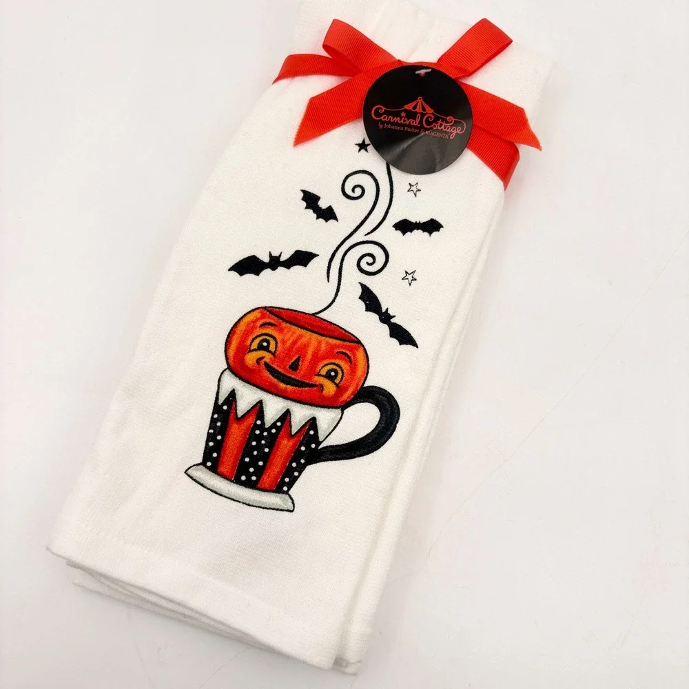 Johanna Parker Carnival Cottage Halloween Pumpkin Mug Embroidered Tea Towel New‎